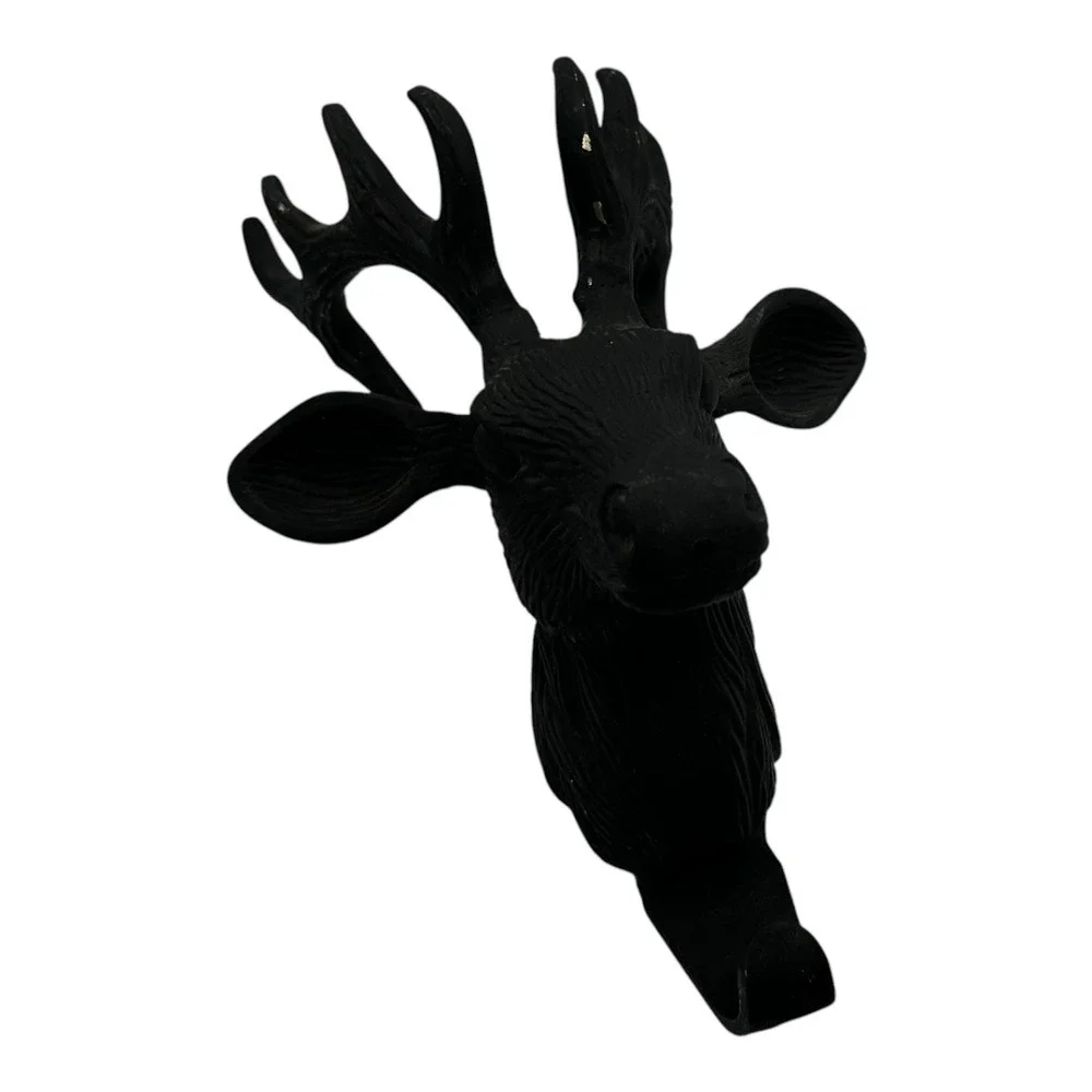 Vtg Matte Black Brass Trophy Deer Buck Stag Head Antler Coat Hook Rack 11